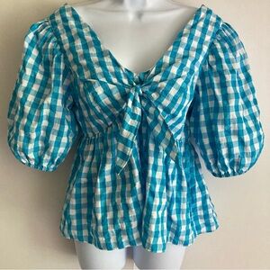 Lilly Pulitzer Blue & White Sarafina Crinkle Gingham Short Sleeve Blouse, Sz 6